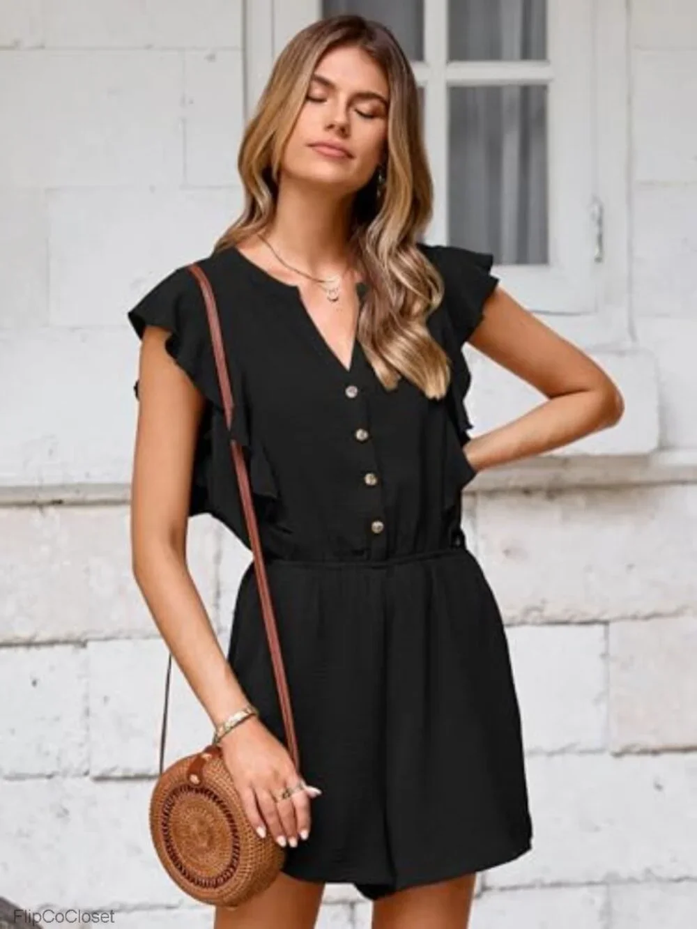 Women's Flutter Sleeve Wide Leg Romper with Pockets, V-Neck Button Down